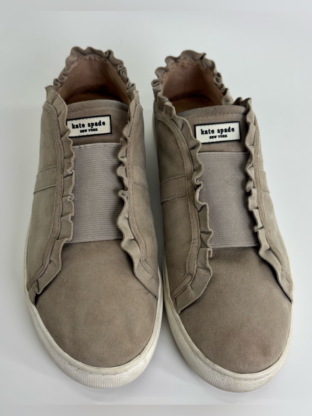 Kate Spade Lance ruffled suede sneakers 8.5 taupe gray